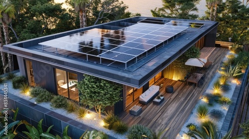 Modern house with solar panels and storage batteries photo