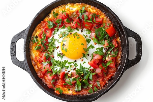 Shakshuka from Israel captured in a top-down view against a white backdrop