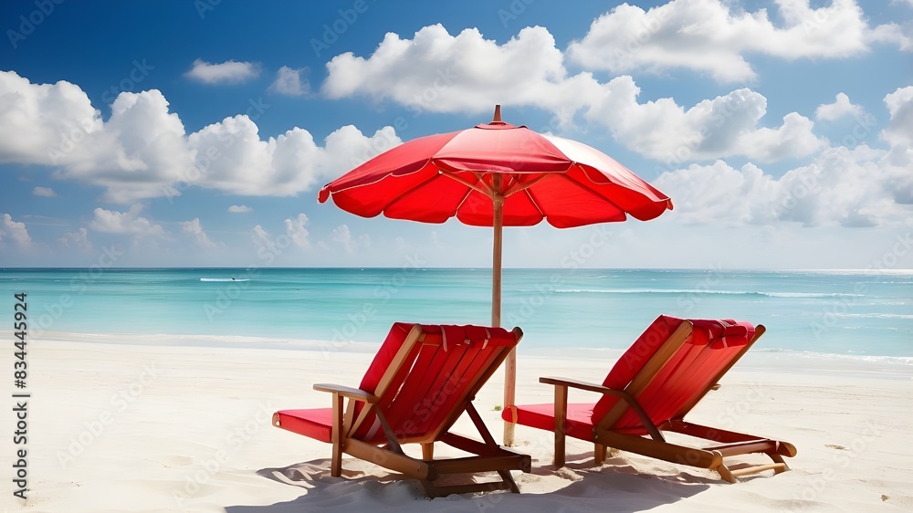 Two red beach chairs and an umbrella on a beautiful white sand beach in front of the ocean on sunny day