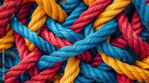 Colorful Braided Ropes in Red, Blue, and Yellow Create a Dynamic Pattern with Textured Details