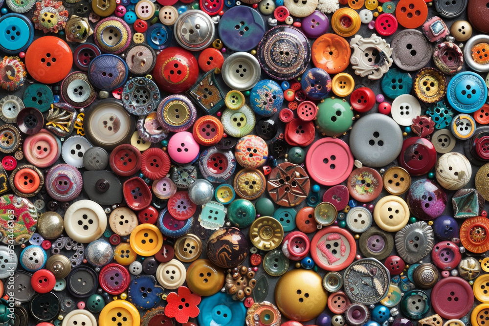 A densely packed collection of buttons in various shapes, sizes, and colors, covering the entire frame. The buttons range from simple round ones to ornate designs, with hues spanning the rainbow. A densely packed collection of buttons in various shapes, sizes, and colors, covering the entire frame. The buttons range from simple round ones to ornate designs, with hues spanning the rainbow.