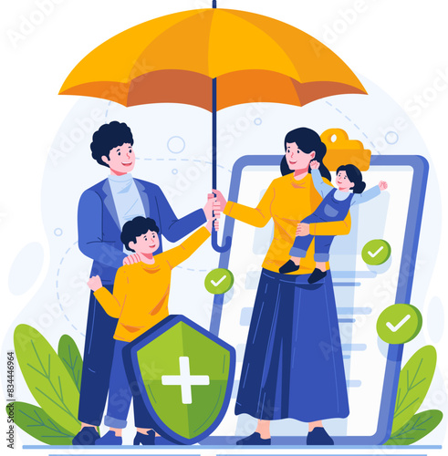 Family Life Insurance Concept Illustration. A Happy Family Standing Under an Umbrella Together Protected by Insurance