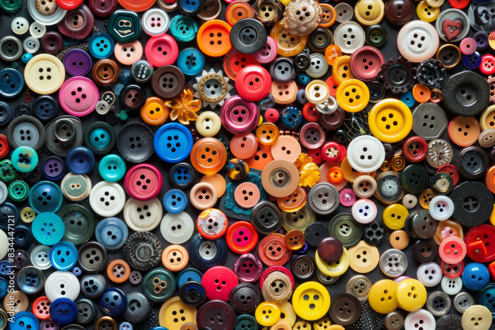 A densely packed collection of buttons in various shapes, sizes, and colors, covering the entire frame. The buttons range from simple round ones to ornate designs, with hues spanning the rainbow. A densely packed collection of buttons in various shapes, sizes, and colors, covering the entire frame. The buttons range from simple round ones to ornate designs, with hues spanning the rainbow.
