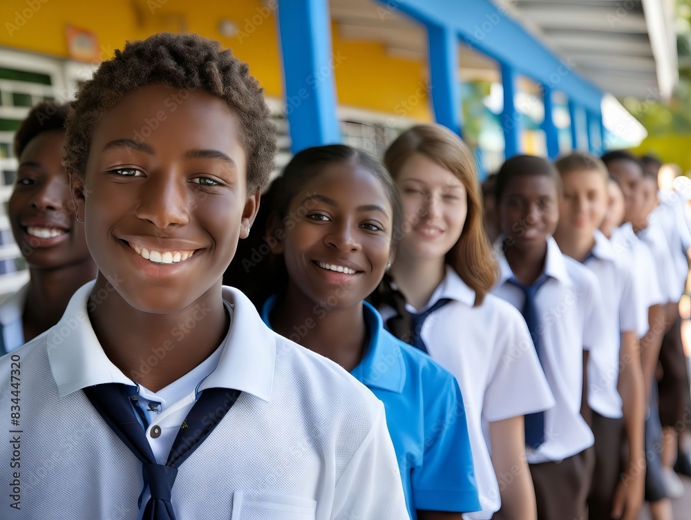 A group of students in school uniforms. A group of students in school uniforms.