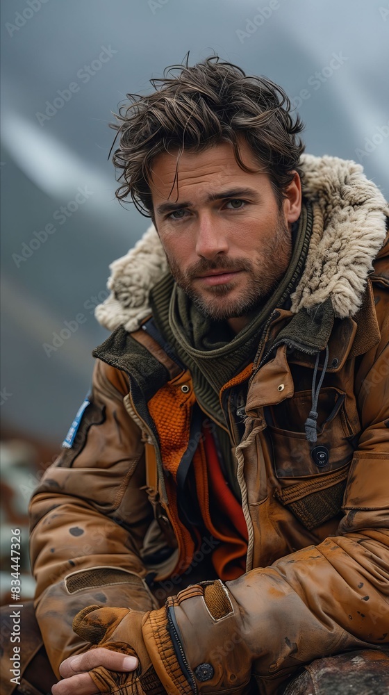 A man in a brown jacket sitting on a rock. A man in a brown jacket sitting on a rock.