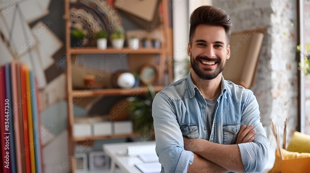 Confident Young Entrepreneur Working in Cozy Home Office Interior Confident Young Entrepreneur Working in Cozy Home Office Interior