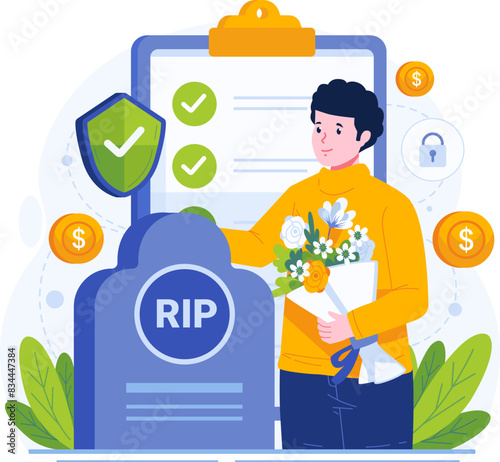 Death Grant Concept Illustration. A Young Man Holds a Bouquet of Flowers Near a Tombstone. Bereavement Grant Benefit, Death Insurance