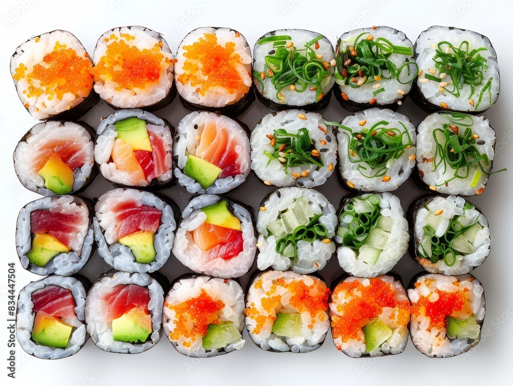 Top view of Japanese sushi roll on white backdrop showcases exquisite presentation Top view of Japanese sushi roll on white backdrop showcases exquisite presentation