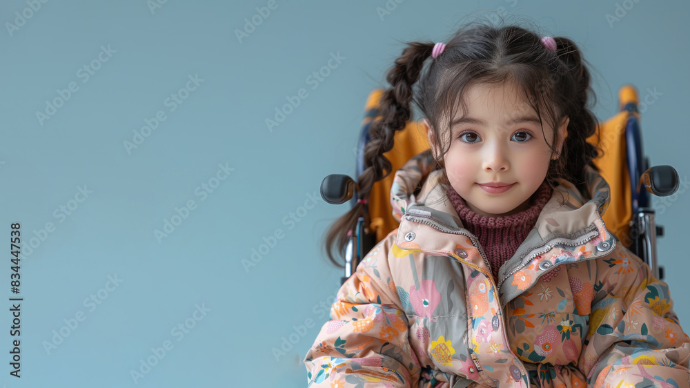 Japanese disabled girl sitting in wheelchair isolated on pastel background Japanese disabled girl sitting in wheelchair isolated on pastel background