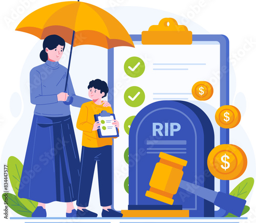 A Mother and Son Standing Near a Tombstone With an Insurance Policy Paper Document on a Clipboard. Death Grant. Death Insurance Concept Illustration