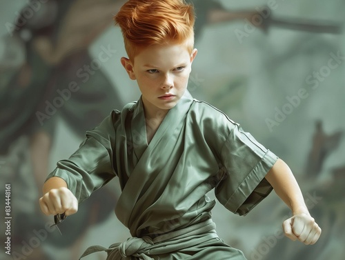 A young boy in green karate outfit. photo