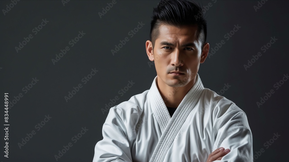 A man in white karate uniform standing with his arms crossed. A man in white karate uniform standing with his arms crossed.