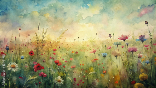 Watercolor background featuring rural meadows