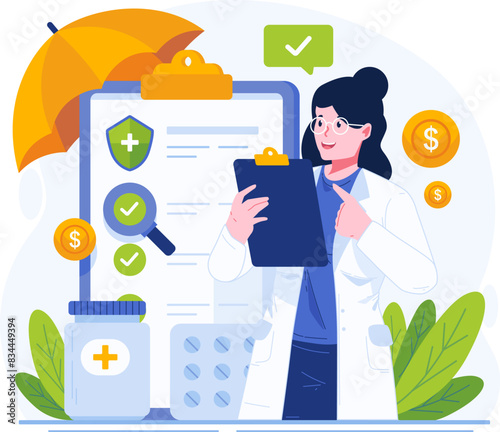 Medical Insurance Concept Illustration. A Female Doctor Holding a Clipboard Explains a Health Insurance Policy