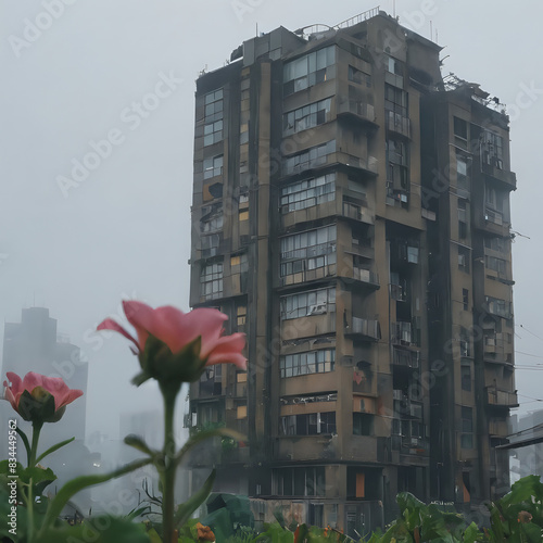 a tall building with many windows and a pink flower