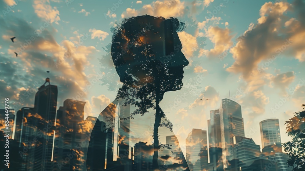 Silhouette of a man with city skyline and sunset in the background. Double exposure abstract concept of urban life, ambition, and dreams. Silhouette of a man with city skyline and sunset in the background. Double exposure abstract concept of urban life, ambition, and dreams.