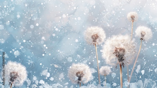Watercolor painting of delicate dandelions in light tones, with seeds gently floating away, creating a serene and airy background wallpaper. Ends with AI Generative.