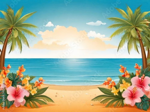 summer vibes, cool and holiday mode, with palm trees and ocean vibes, background design © iqbal alfa