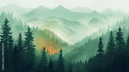 Geometric Introspection: Copper and Majestic Pine Trees Against a Misty Mountain Landscape Background for Invitation with Space for Writing, Natural and Adventurous Feel with Earthy Tones Color