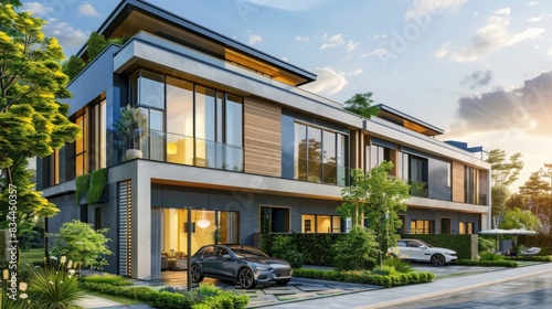 Modern townhouse with solar panels on the roof and electric cars photo