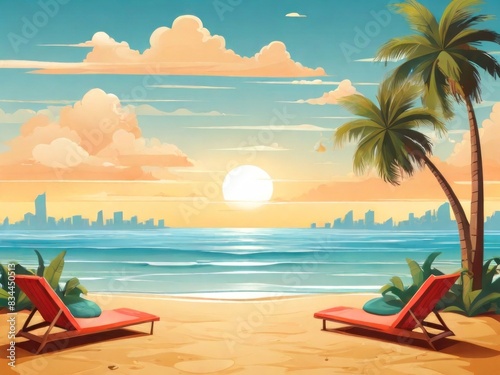 summer vibes, cool and holiday mode, with palm trees and ocean vibes, background design