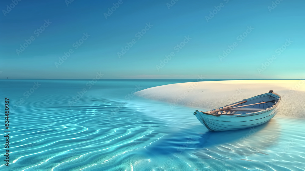 Wooden rowboat on a sandy beach with clear turquoise water. Seascape photography. Summer vacation and tranquility concept. Design for poster, print, and wallpaper. Wooden rowboat on a sandy beach with clear turquoise water. Seascape photography. Summer vacation and tranquility concept. Design for poster, print, and wallpaper.