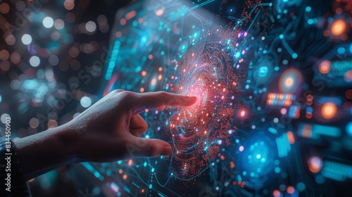 A human hand interacts with advanced holographic technology, representing innovation in digital interfaces and futuristic user experiences.