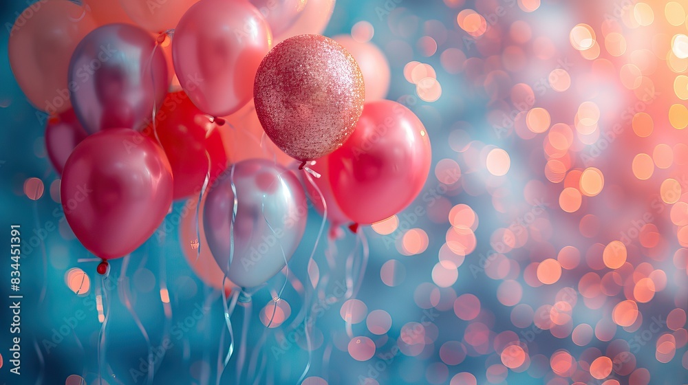A bright backdrop featuring a cascade of glitter and balloons. - Event decoration background A bright backdrop featuring a cascade of glitter and balloons. - Event decoration background