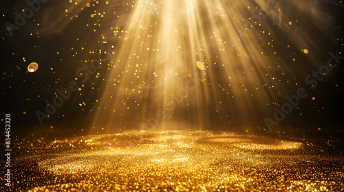stage light and golden glitter lights on floor abstract gold background for display your product spotlight realistic ray,Transparent glow light effect with sunray.Gold glitter powder 