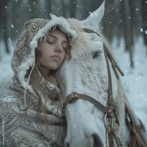 beautiful female, pale eyes, fair skin, slender, plump lips, long light brown hair, almond eyes slightly angled up, tattered ancient white and gray furs with hood, asleep riding on a white horse, snow photo