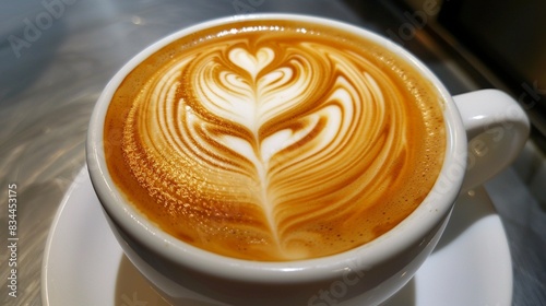 A creamy cappuccino with a heart-shaped latte art design.