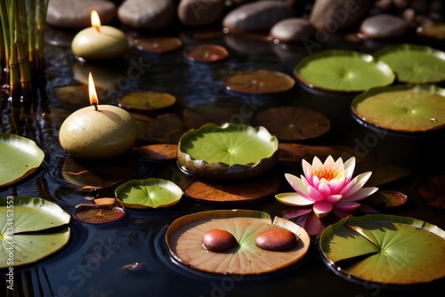 Spa therapy natural zen relaxation with lotus flowers on pond and aromatherapy candles