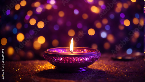 A glowing diya lamp surrounded by a halo of twinkling bokeh lights