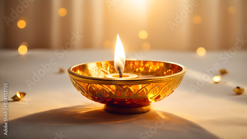 A glowing diya lamp surrounded by a halo of twinkling bokeh lights
