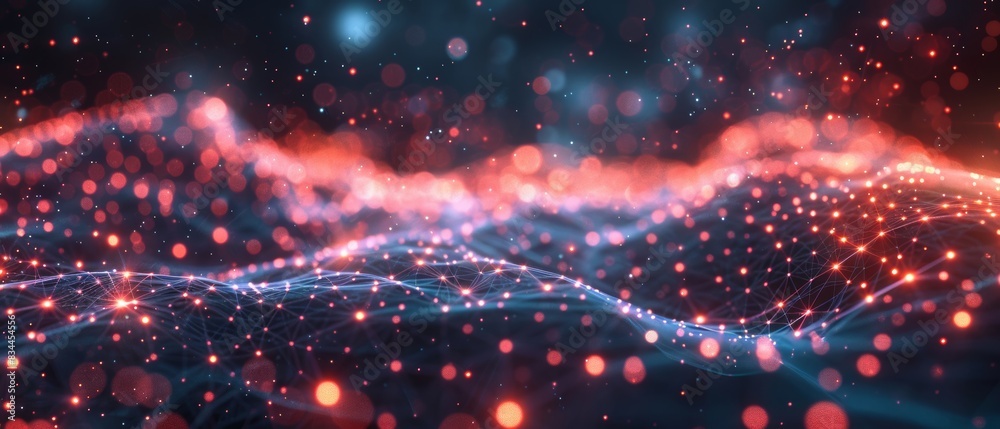 Abstract glowing red and blue particles in a digital wave pattern ...
