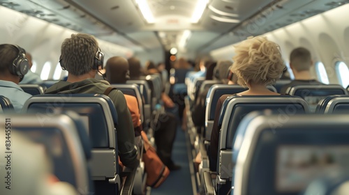 A 3D render of an airplane interior with passengers disembarking after a flight photo