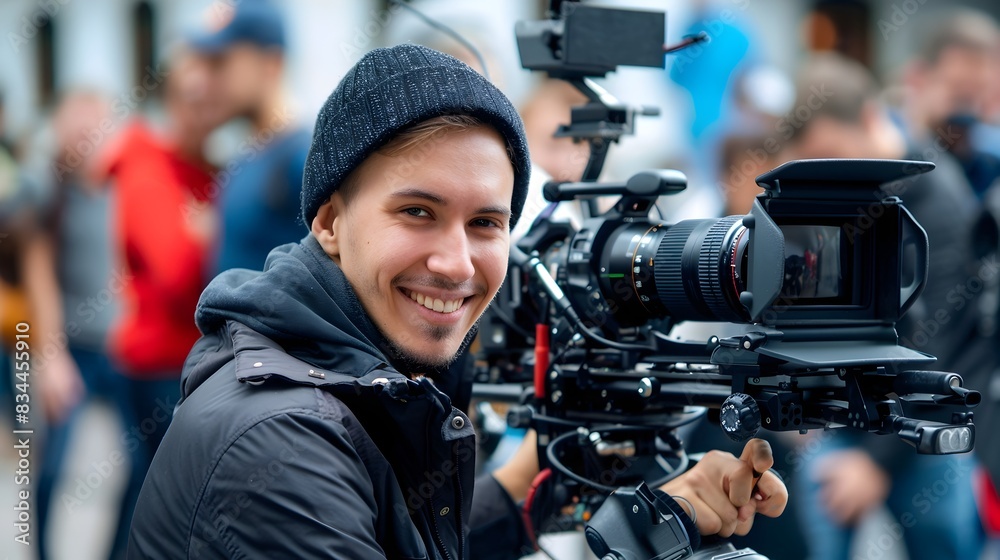 Obraz premium Enthusiastic Young Cinematographer Capturing Cinematic Footage on Set