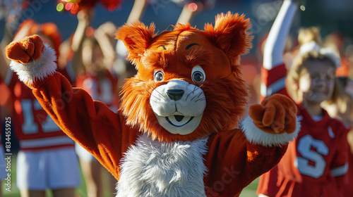 a close-up of a school mascot leading a cheer at a sporting event, representing school spirit and pride, school mascot, hd, with copy space, inscription Mascot Day