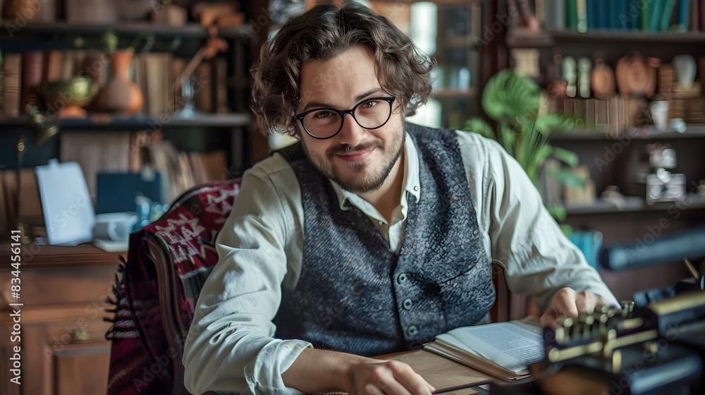 Focused Young Novelist Thoughtfully Researching at His Desk in Cozy Home Office Focused Young Novelist Thoughtfully Researching at His Desk in Cozy Home Office