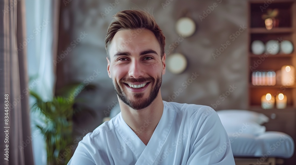 Obraz premium Friendly and Confident Male Massage Therapist Smiling in Professional Setting