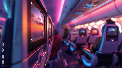 A detailed 3D render of an airplanes economy class with passengers using the inflight entertainment system