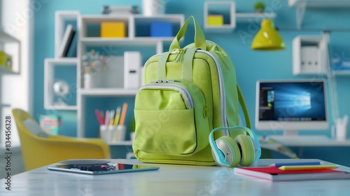 Green Backpack with Scattered Supplies on Table: Ready for the New School Year, with Copy Space