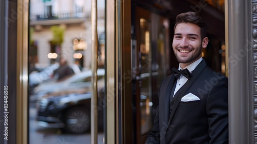Friendly and Welcoming Young Hotel Doorman Greeting Guests with Warm Smile at Upscale Urban Establishment