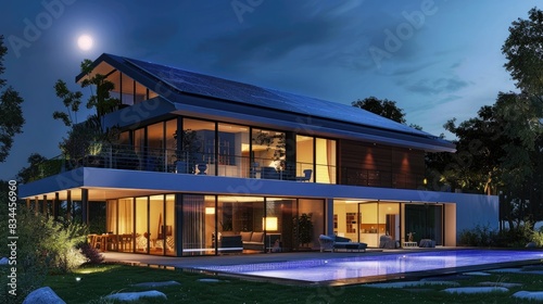 Night view of a beautiful modern house with solar panels and a swimming pool © Ammar
