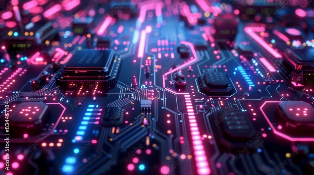 Close-up of an illuminated, futuristic circuit board with glowing pink and blue lights, representing advanced technology and innovation. Close-up of an illuminated, futuristic circuit board with glowing pink and blue lights, representing advanced technology and innovation.