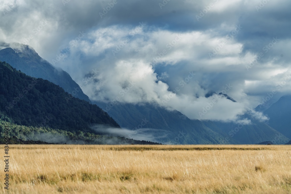 Clouds and mountains in Eglinton Valley, Fiordland, New Zealand.
