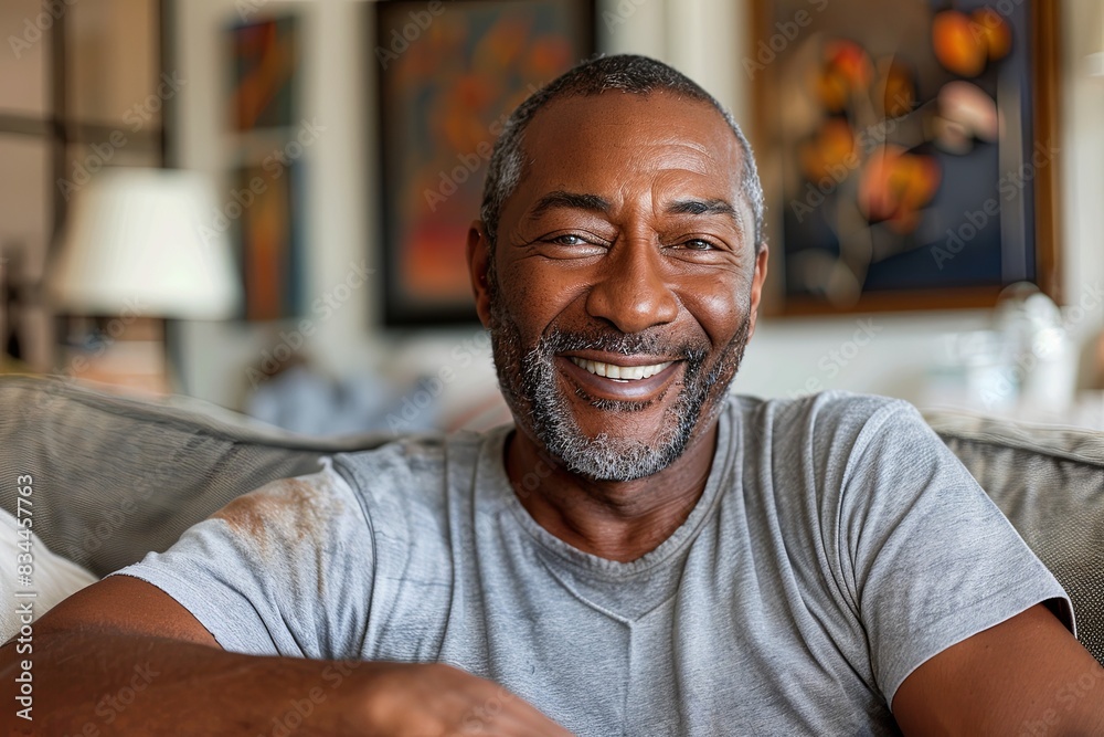 portrait of a smiling man sitting on a couch at home portrait of a smiling man sitting on a couch at home