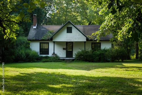 Photo of A white bungalow with black trim, surrounded by green grass and trees. ,8k, real photo, photography