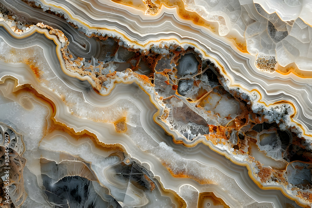 Close Up View of Agate With White, Grey, and Orange Bands and Patterns Close Up View of Agate With White, Grey, and Orange Bands and Patterns