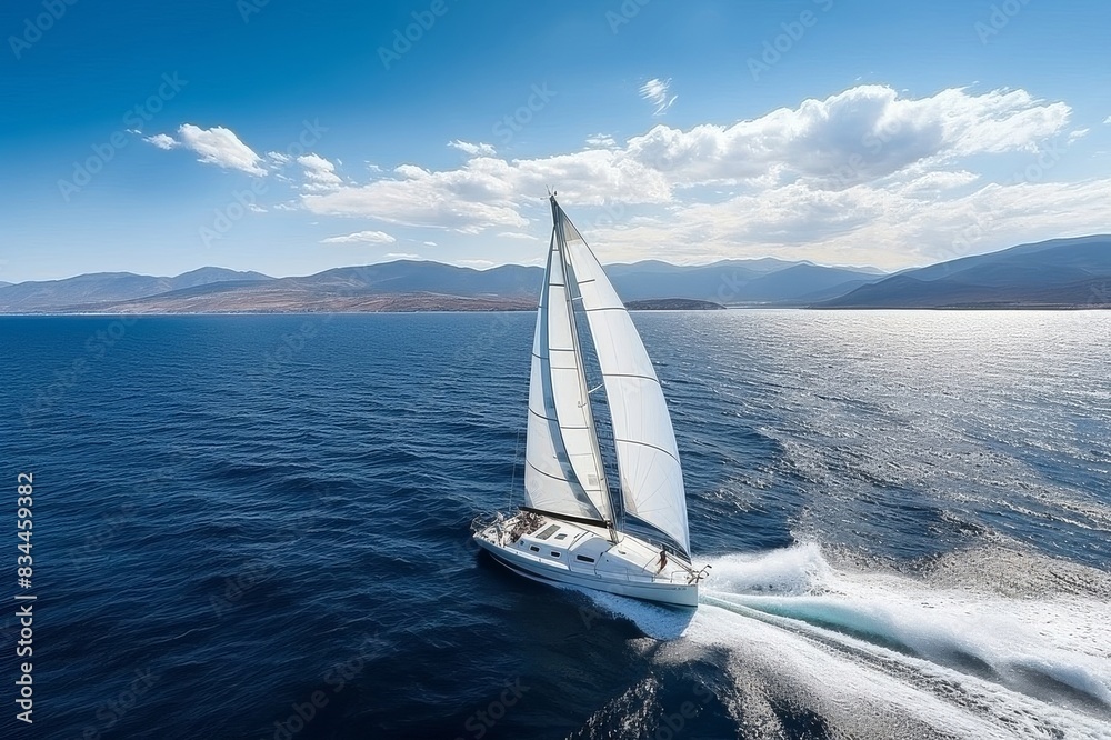 Fototapeta premium White Sailboat Cutting Through Blue Waters With Mountainous Coastline In The Distance